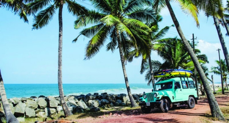 a jeep drives under palm trees in kerala india