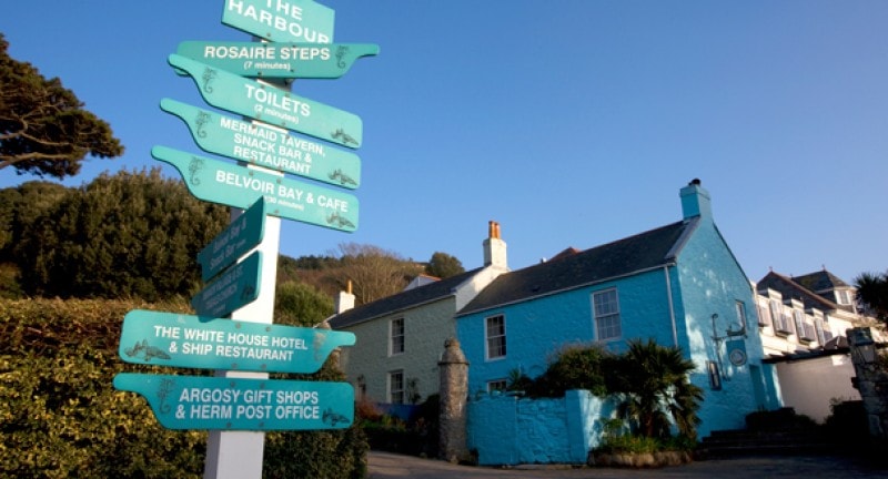 Guernsey sign and coloured cottages