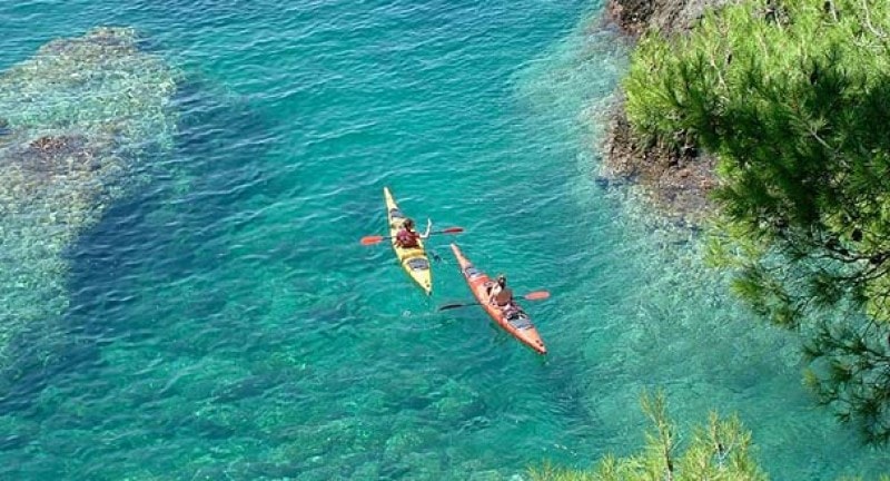 aerial view of two kayaks in water in croatia