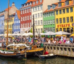 Nyhavn district is one of the most famous landmarks in Copenhagen, Denmark.