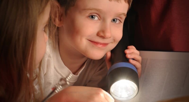 little boy with a torch in a london museum