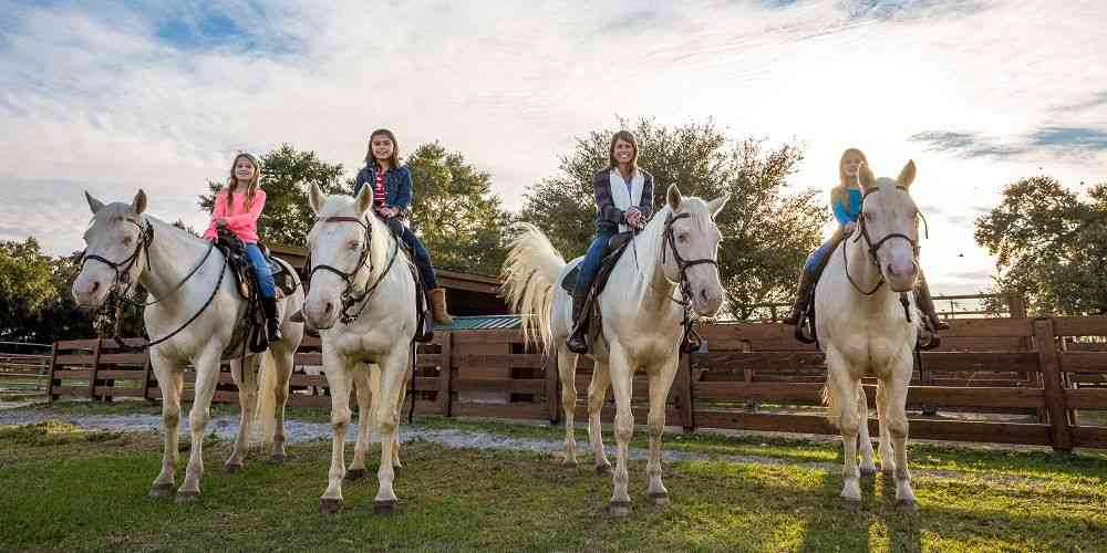 Family horse riding at Polk County horse ranch on winter sun holidays